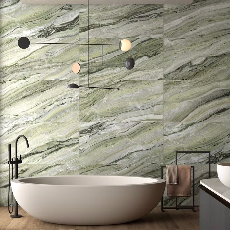 Custom marble tile in bathroom with freestanding modern bath tub